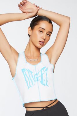 Women's Butterfly Graphic Cropped Tank Top in White/Blue Small