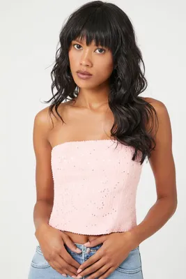 Women's Sequin Cropped Tube Top in Pink Large