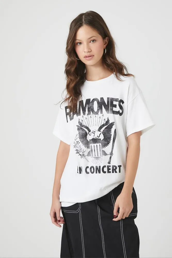 Women's Oversized Ramones Graphic T-Shirt in White/Black, Size S/M