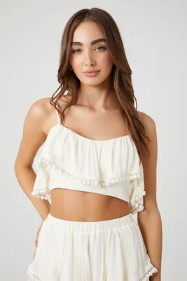 Women's Flounce Pom Pom Cropped Cami in White Large