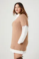 Women's Combo Sweater Shirt Dress in Taupe/White, 3X