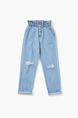 Girls Distressed Paperbag Jeans (Kids) Medium Denim,