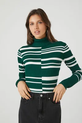 Women's Abstract Striped Turtleneck Sweater Top in Hunter Green/White Large