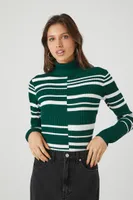 Women's Abstract Striped Turtleneck Sweater Top in Hunter Green/White Large