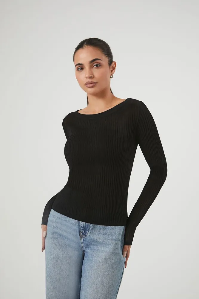 Women's Fitted Ribbed Knit Sweater Top in Black Medium