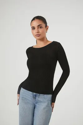 Women's Fitted Ribbed Knit Sweater Top in Black, XS