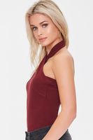 Women's Sweater-Knit Crisscross Halter Bodysuit in Burgundy Small