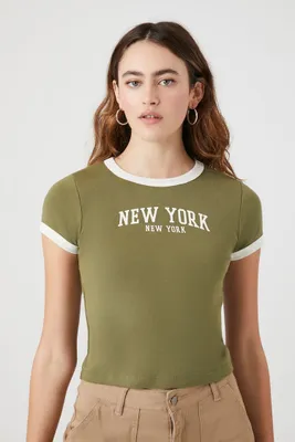 Women's New York Graphic Ringer T-Shirt in Olive/Cream Large