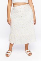 Women's Floral Print Shell Midi Skirt in White, 0X