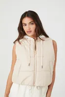 Women's Hooded Zip-Up Puffer Vest in Taupe/Ivory Large