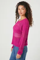 Women's Sheer Crochet Knit Sweater in Fuchsia Large