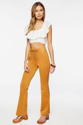 Women's Faux Suede Lace-Up Flare Pants in Maple Large