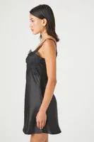 Women's Satin Lace-Trim Mini Slip Dress in Black Small