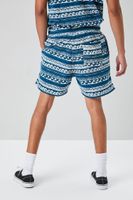 Men Ornate Wave Print Shorts in Dark Blue/White, XL