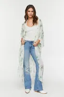 Women's Floral Print Butterfly-Sleeve Kimono in Ivory/Sage Large