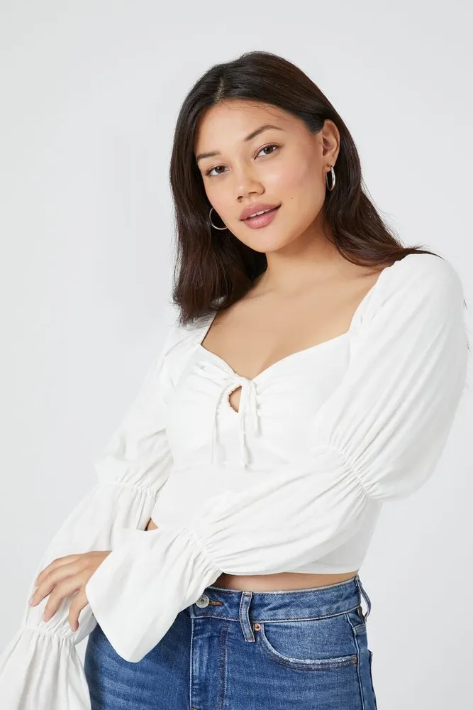 Windsor Woven Tie Front Bell Sleeve Crop Top