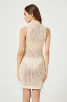 Women's Sheer Crochet Mini Dress in Natural, XL