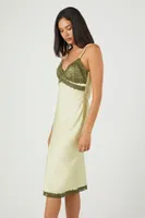 Women's Satin Lace-Trim Midi Dress in Cypress /Pistachio Small