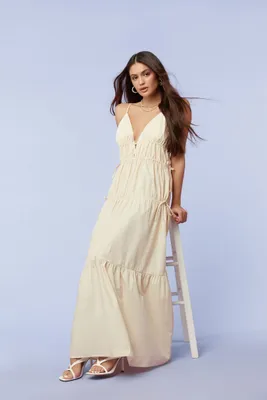 Women's Plunging Poplin Maxi Dress in Sandshell Medium