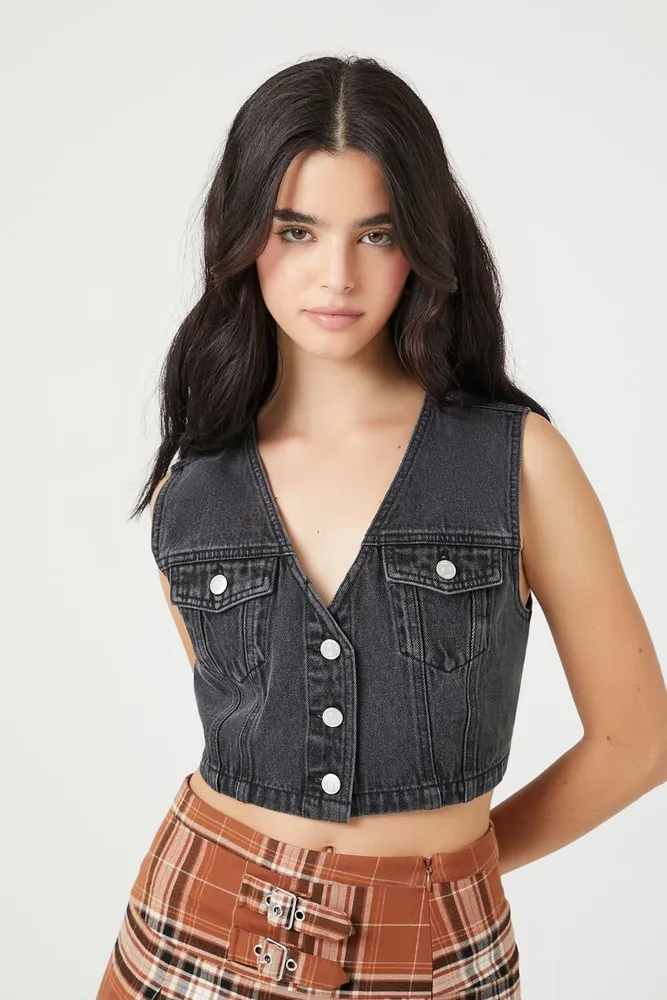 Women's Cropped Denim Vest in Charcoal Small