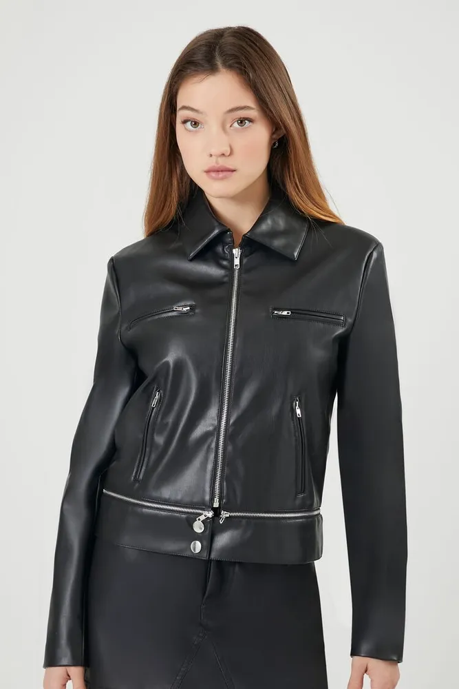 Women's Faux Leather Zip-Hem Moto Jacket in Black, XS