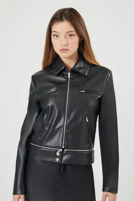 Women's Faux Leather Zip-Hem Moto Jacket in Black Small