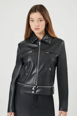 Women's Faux Leather Zip-Hem Moto Jacket in Black, XS