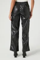 Women's Faux Leather Straight Cargo Pants in Black, XS