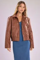 Women's Faux Leather Bomber Jacket in Dark Brown, XL