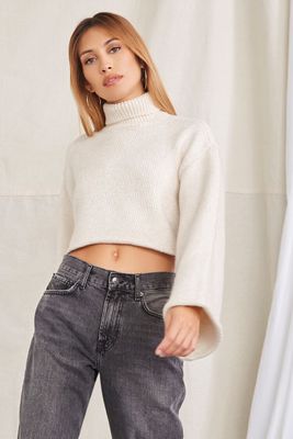 Women's Cropped Turtleneck Sweater in Cream Large