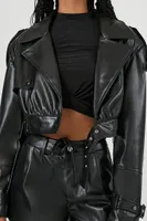 Women's Cropped Faux Leather Jacket in Black Large