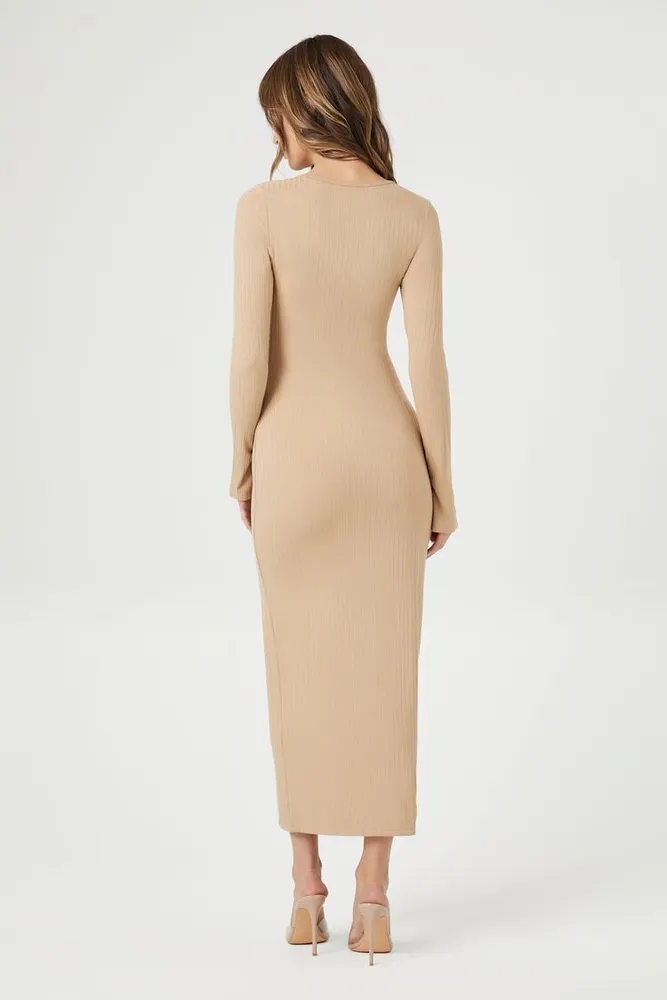 Women's Button-Front Midi Sweater Dress Tan