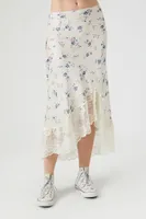 Women's Satin Floral Print Midi Skirt in Ivory Small