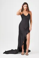 Women's Satin Flounce-Hem Maxi Dress in Black Small