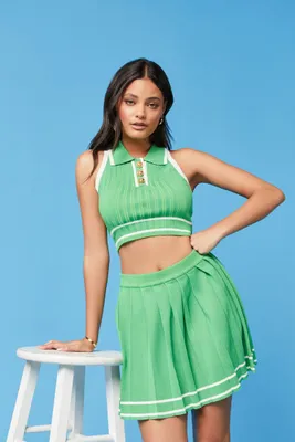 Women's Striped-Trim Crop Top & Tennis Skirt Set in Green/White Medium