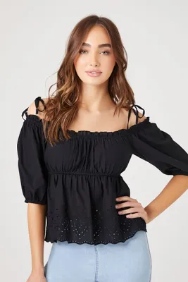 Women's Off-the-Shoulder Eyelet Top in Black, XS