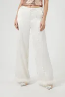 Women's Satin Faux Fur-Trim Pants in Ivory, XS