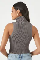 Women's Sweater-Knit Turtleneck Crop Top in Dark Grey Large