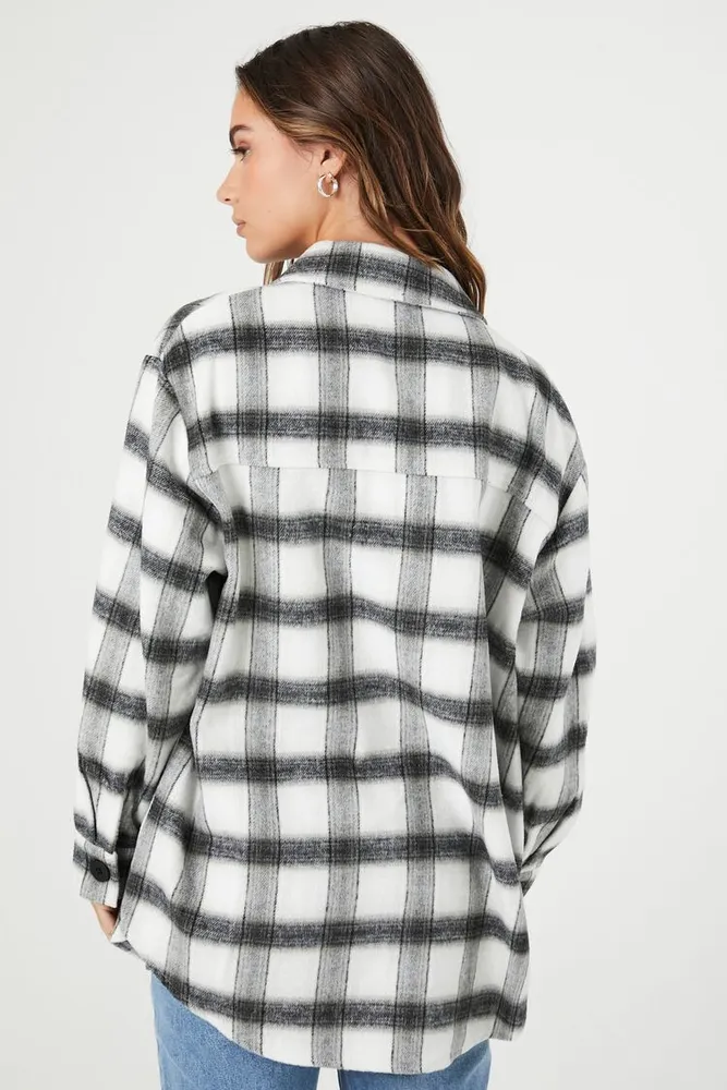 Women's Plaid Drop-Sleeve Longline Shacket White/Black