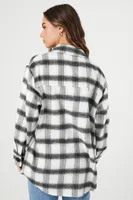 Women's Plaid Drop-Sleeve Longline Shacket in White/Black, XS