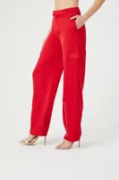 Women's Satin Cargo Zipper Pants in Red Large