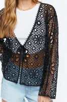 Women's Floral Crochet Tie-Front Jacket in Black, XS