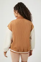 Women's Corduroy Varsity-Striped Bomber Jacket Brown