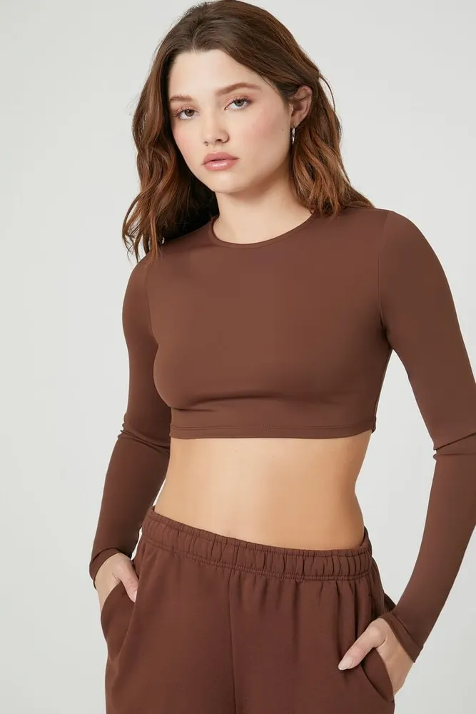 Forever 21 Women's Contour Sculpt Long-Sleeve Crop Top in Chocolate, XL