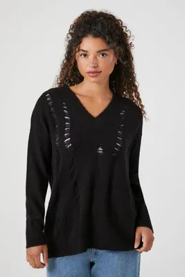 Women's Open-Knit V-Neck Sweater in Black, XS