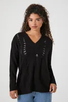 Women's Open-Knit V-Neck Sweater in Black Large