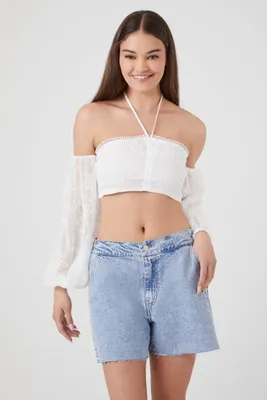 Women's Off-the-Shoulder Halter Crop Top in White, XL