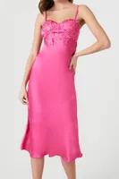 Women's Lace-Trim Satin Midi Slip Dress in Fuchsia Small