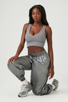 Women's Metallic Parachute Joggers in Silver Medium