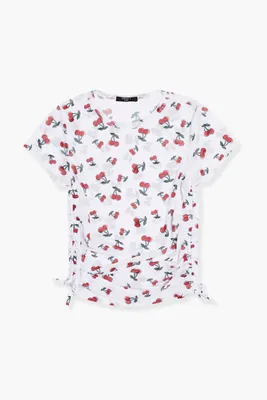 Girls Cherry Print Drawstring Top (Kids) in White, 9/10